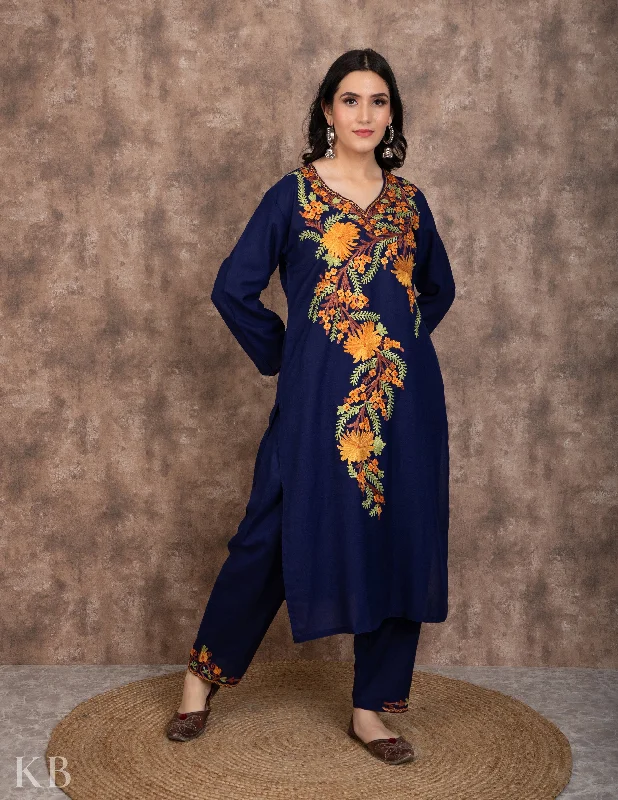 Elegant Wear Floral Aari Dark Blue Cotton Suit