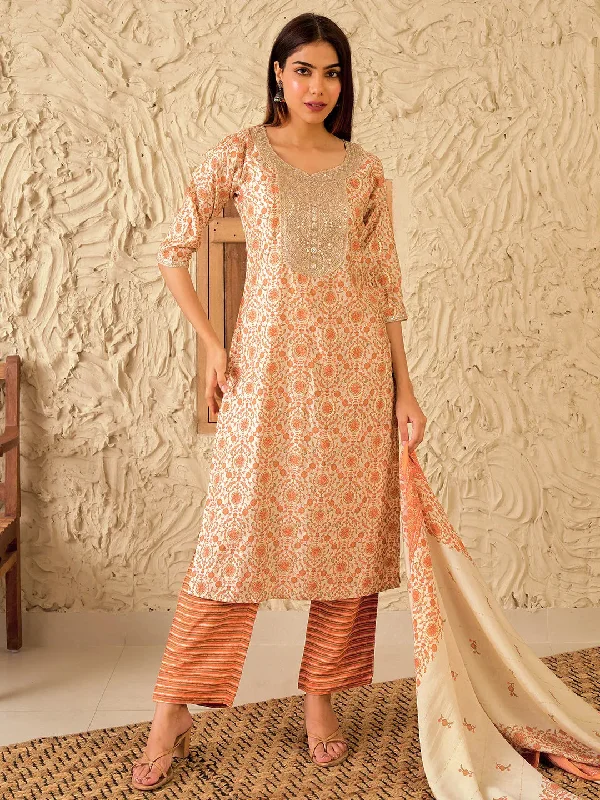 Lively And Youthful Beige Printed Silk Blend Straight Suit With Dupatta