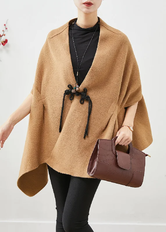 Street Charm Style Khaki Asymmetrical Chinese Button Woolen Shawl Coat Fall