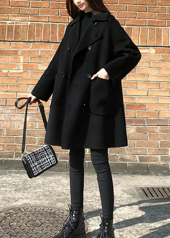 Celebrity Style Italian Black Peter Pan Collar Pockets Patchwork Woolen Coats Fall