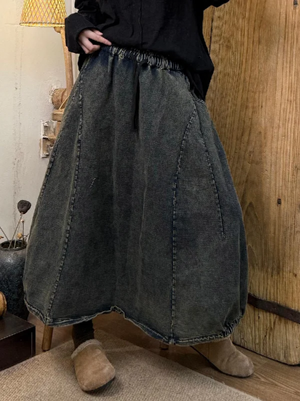 Classic Style Women Spring Retro Spliced A-Shape Denim Skirt