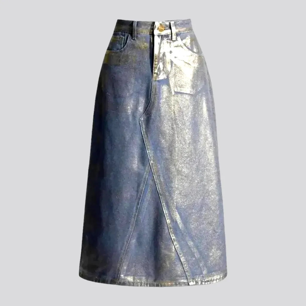 Fashionable Prints Maxi a-line waxed metallic jean skirt