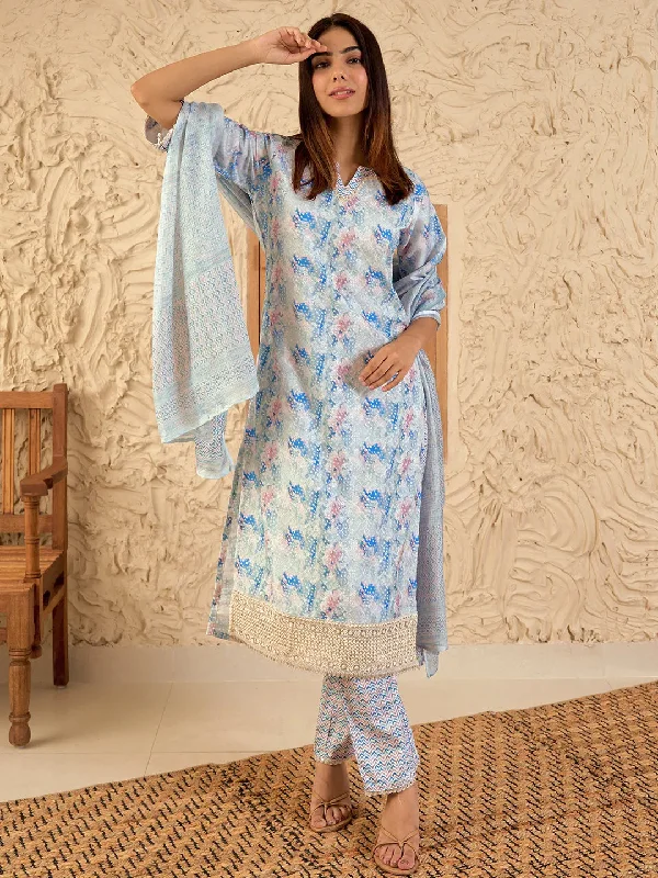 Classic Style Blue Embroidered Cotton Blend Straight Suit With Dupatta