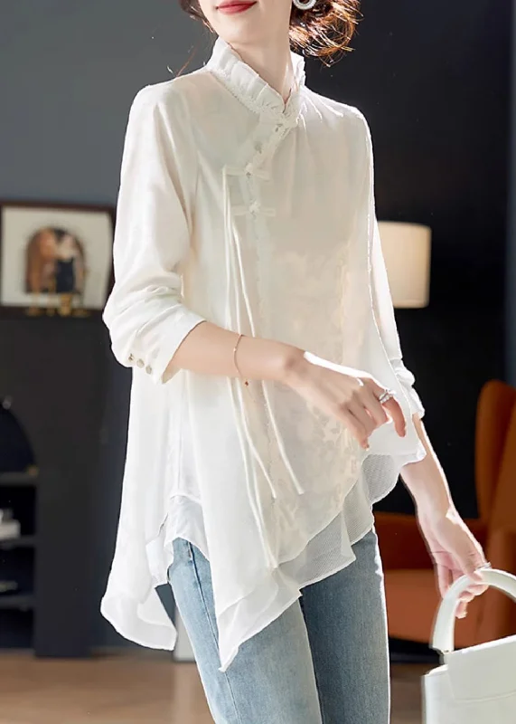 Lively And Youthful Elegant White Ruffled Chinese Button Chiffon Shirt Long Sleeve