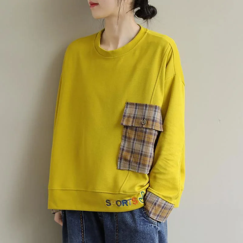 New Season Series Unique Long Sleeve cotton Embroidery Pockets Tunic Top Photography Yellow blouse