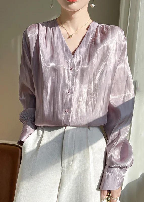 Unique Prints Loose Purple V Neck Solid Silk Shirt Long Sleeve