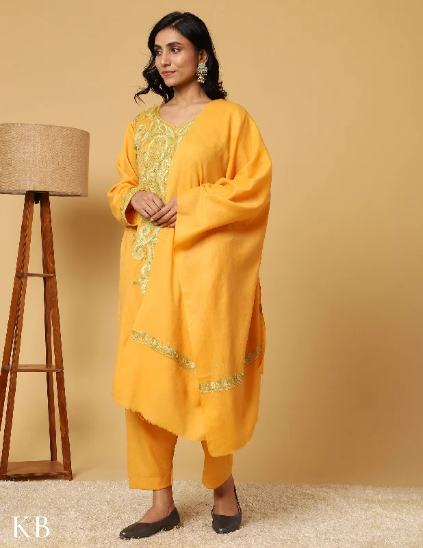 Urban Style Sunshine Yellow Aari Embroidered Woolen Suit Set