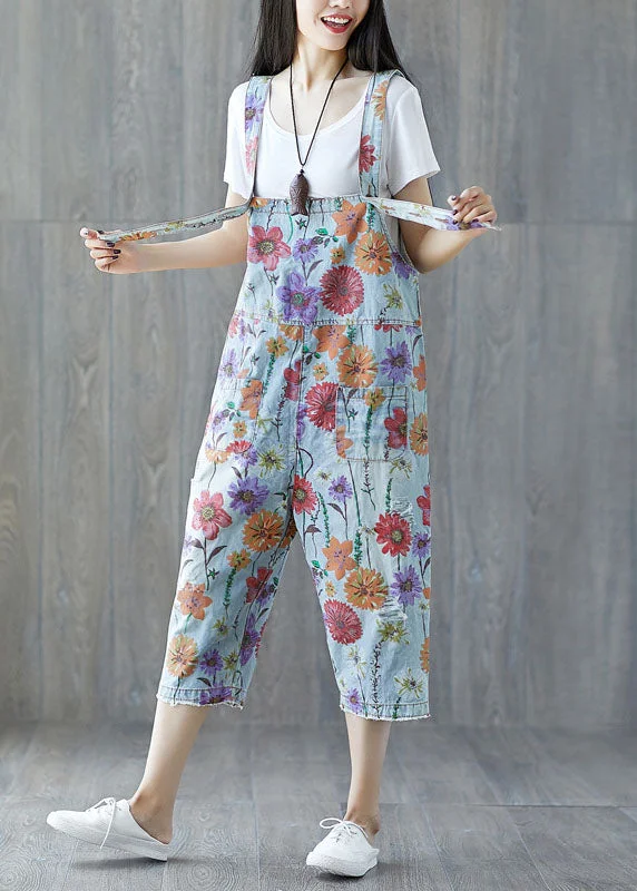 High Street Design Classy light Blue pockets Floral Denim Jumpsuit