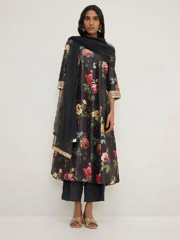 Lively And Youthful Vark Black Printed A-Line Kurta, Palazzos and Dupatta Set