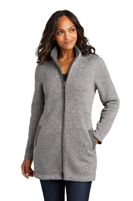 Modern City Port Authority Womens Arc Pill Resistant Sweater Fleece Full Zip Long Jacket - Heather Deep Smoke Grey - New