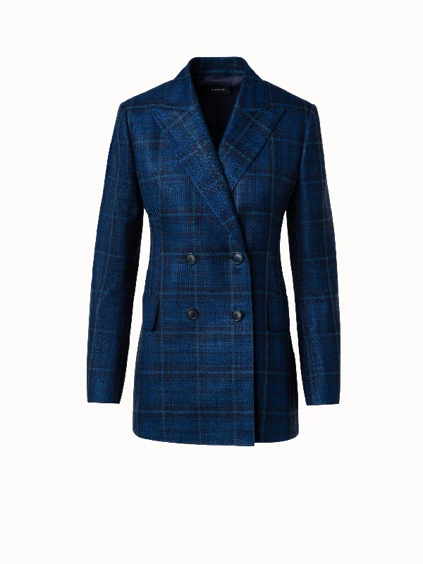 Youthful Vitality Long Checked Double-Breasted Jacket in Cotton Silk