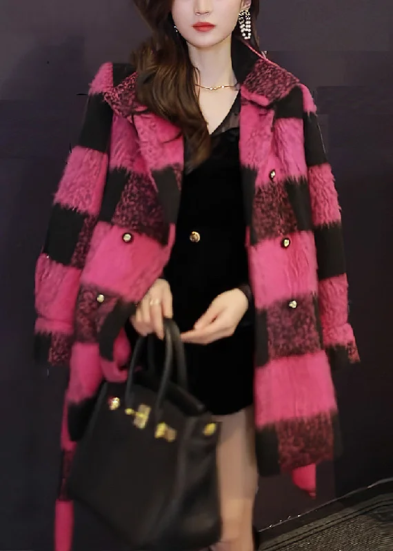 Fresh And Simple Unique Pink Button Tie Waist Patchwork Woolen Coats Fall