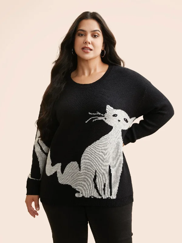 Simple Matching Mystic Cat Knit Crew Neck Pullover