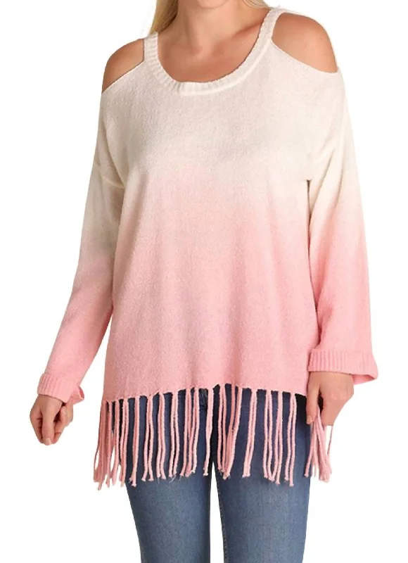 Celebrity Style Ombre Cold Shoulder Fringe Sweater - Plus In Rose