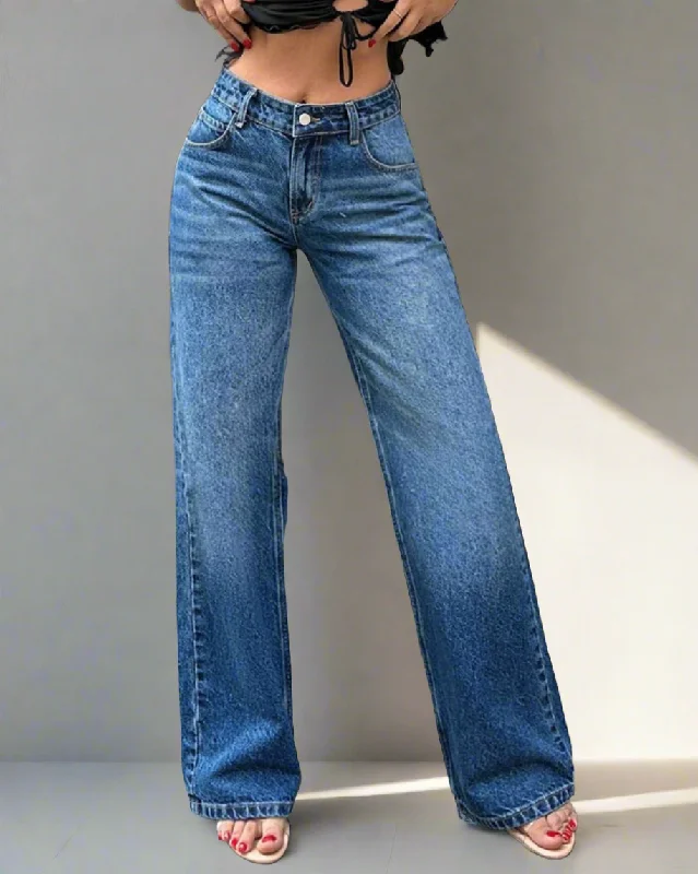 Sports And Leisure Mid Blue Overcast Wash High Waist Wide Leg Jeans