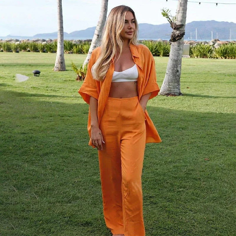 Street Cool Summer Short Sleeves Orange Shirts and Wide Leg Pants Two Pieces Suits