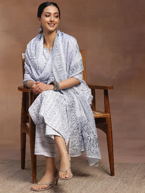 Classic Retro Grey Embroidered Cotton Blend Straight Suit With Dupatta