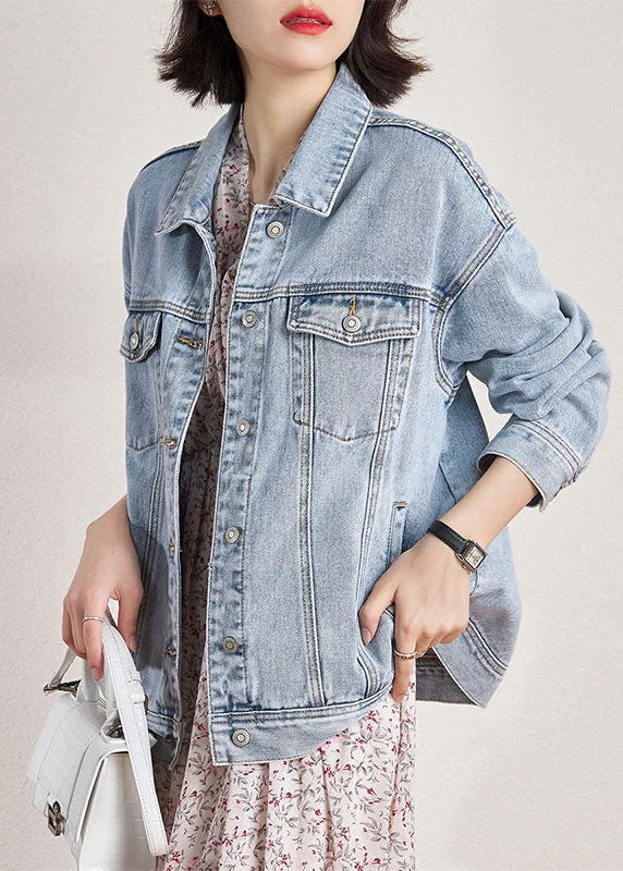 High-end Fashion Plus Size Light Blue Peter Pan Collar Oversized Pockets Denim Coats Spring