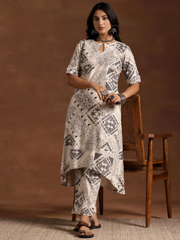 Eye-catching Personality Beige Printed Cotton Straight Kurta Set