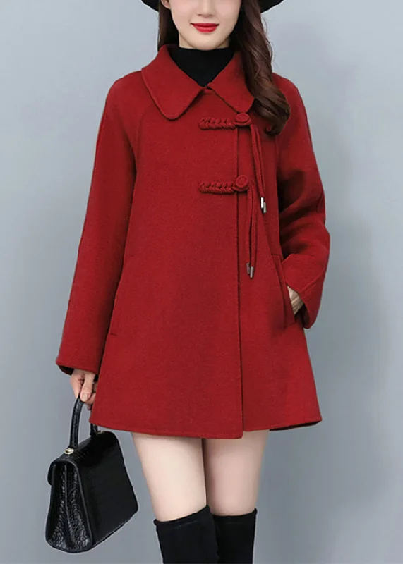 Classic Loose Red Peter Pan Collar Button Pockets Woolen Coats Fall