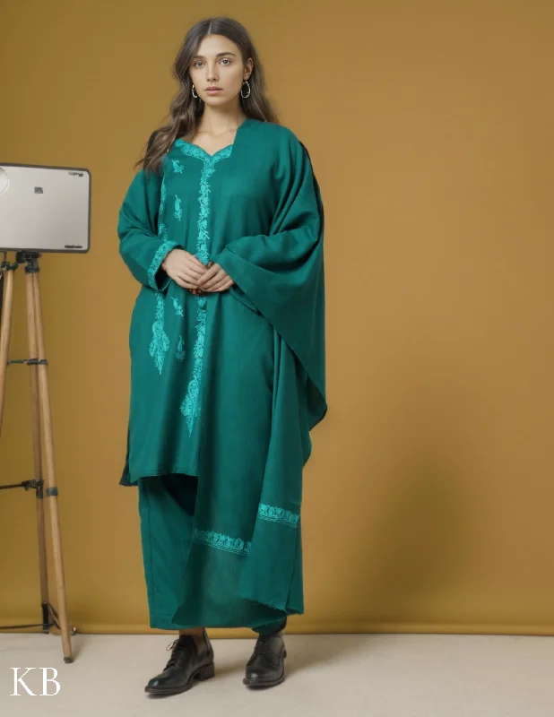 Romantic Data Tone On Tone Green Aari Embroidered Woolen Suit