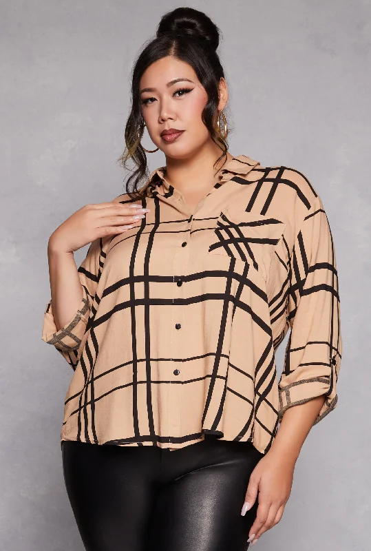 Fresh And Natural Plus Size Plaid Tabbed Sleeve Shirt