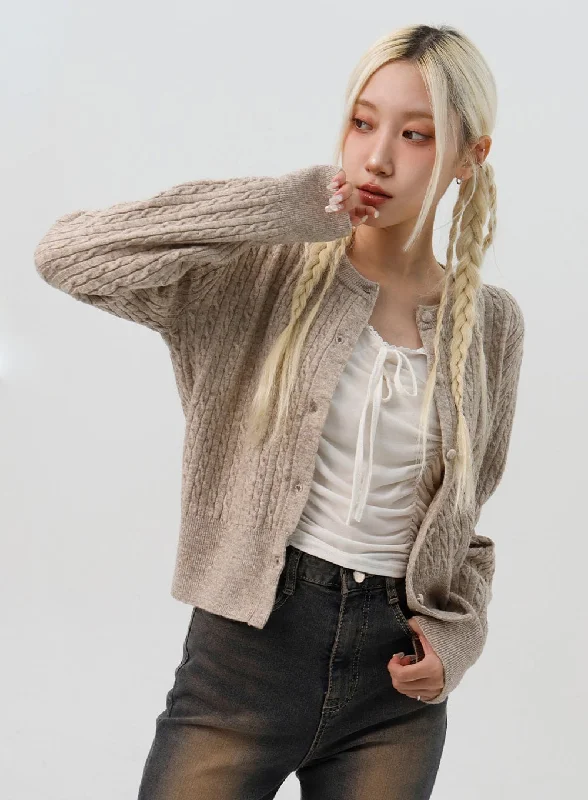 Sports Design Cable Knit Round Neck Cardigan IS311