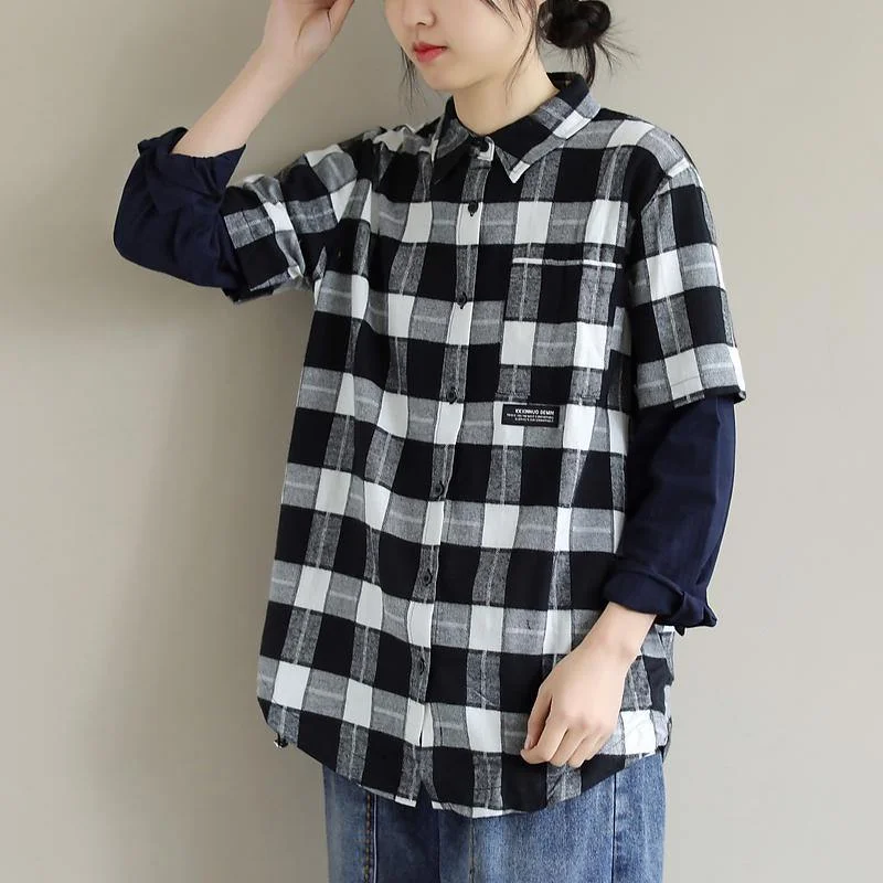 Romantic Data Unique Lapel False Two Pieces Crane Tops Design Black White Plaid Tops