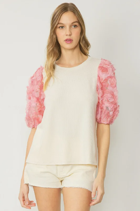 Stretch Design 3D Floral Puff Sleeve Top, Natural