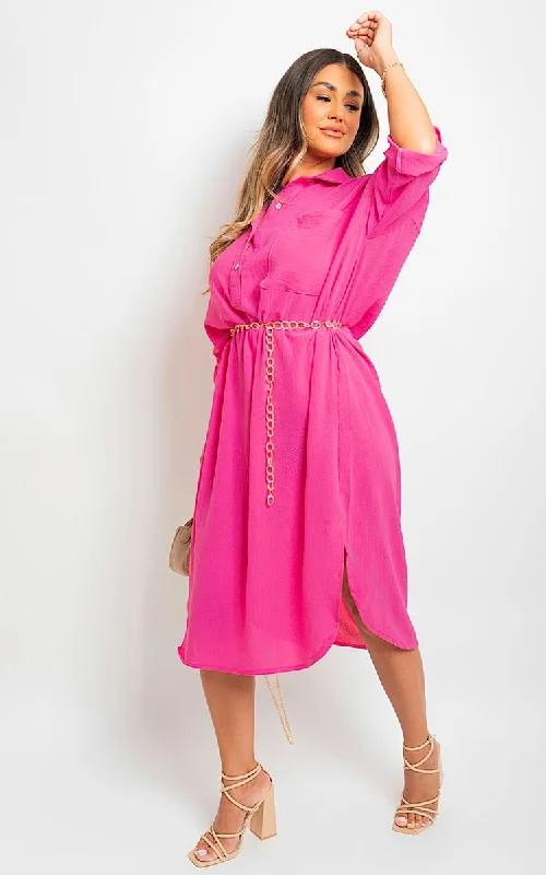 Romantic Data Button Down Pull Up Sleeve Midi Dress with Front Pocket