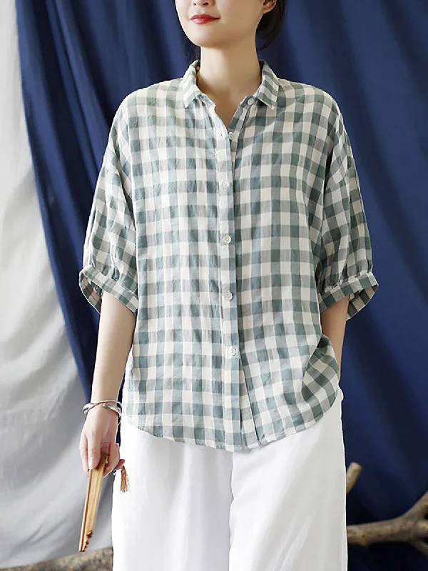 Elegant Wear Plus Size Linen Summer Plaid Vintage Women Loose Shirt