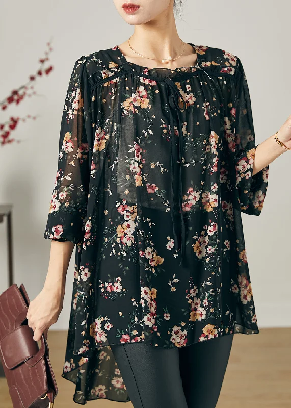 Simple And Comfortable Bohemian Black Oversized Print Chiffon Shirt Summer