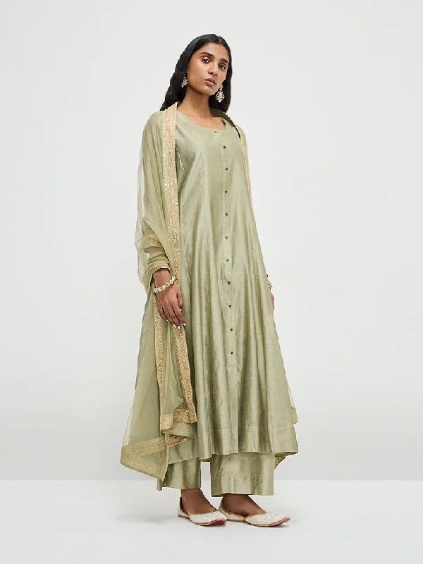 Exquisite Craftsmanship Vark Light Green Kurta, Inner, Palazzos and Dupatta Set