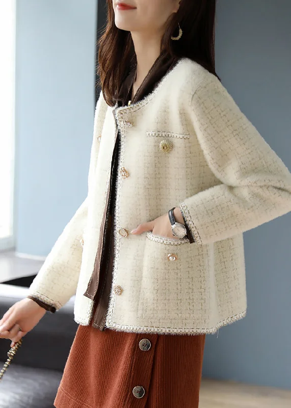 Comfortable And Casual Women Beige O-Neck Plaid Cotton Coats Spring