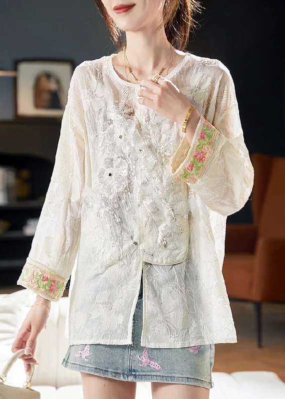 New Autumn And Winter Styles New Beige O-Neck Embroidered Sequins Blouses Fall