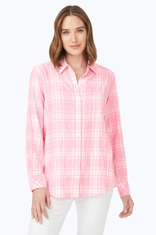 Feminine Charm Rhea Puckered Spring Plaid Shirt, Pink