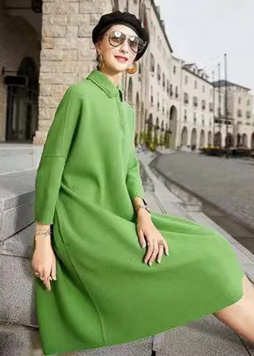 Sports And Leisure French Green Peter Pan Collar Patchwork Woolen Maxi Dress Long Sleeve