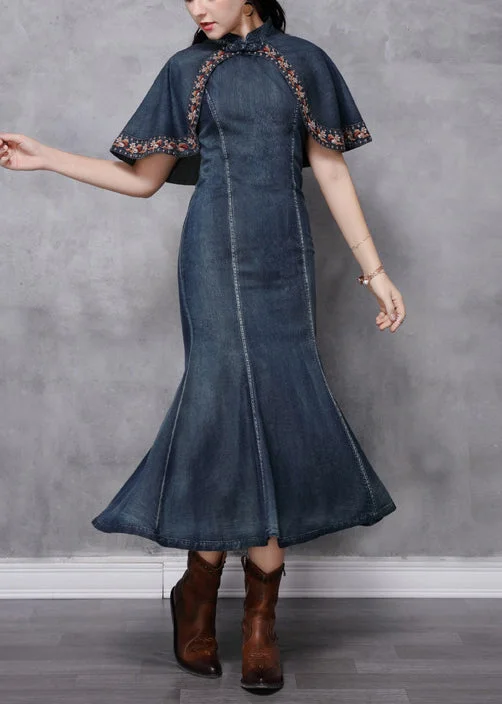 Soft And Comfortable Vintage Blue Mandarin Collar Ruffled Cotton Long Denim Dress Cloak sleeve