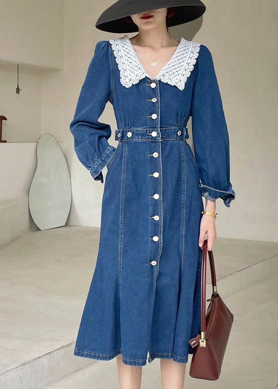 Personalized Series Boho Dark Blue slim fit Button denim Dress Spring