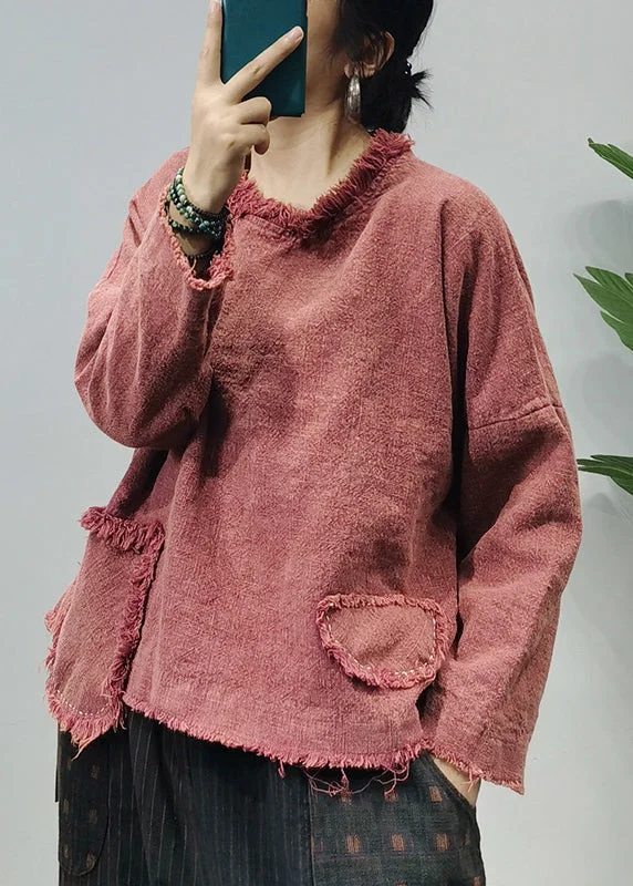 Slightly Flared Design Unique Red O-Neck Patchwork Linen Pullover Streetwear Long Sleeve