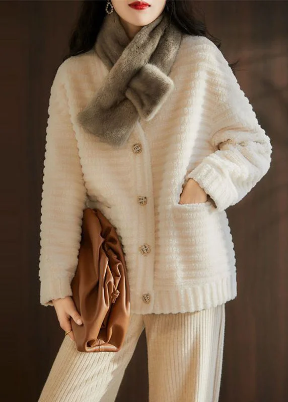 Versatile Items French Beige V Neck Pockets Patchwork Wool Jackets Winter