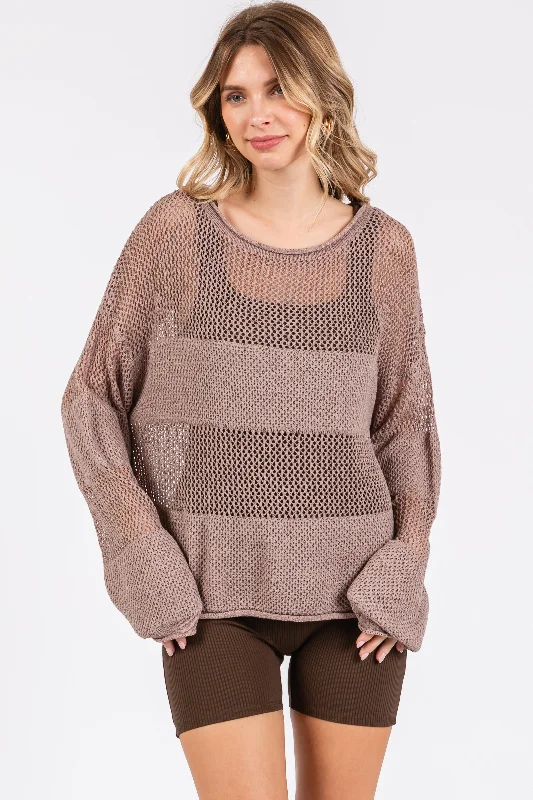 British Fashion Mocha Crochet Knit Long Sleeve Cover-Up