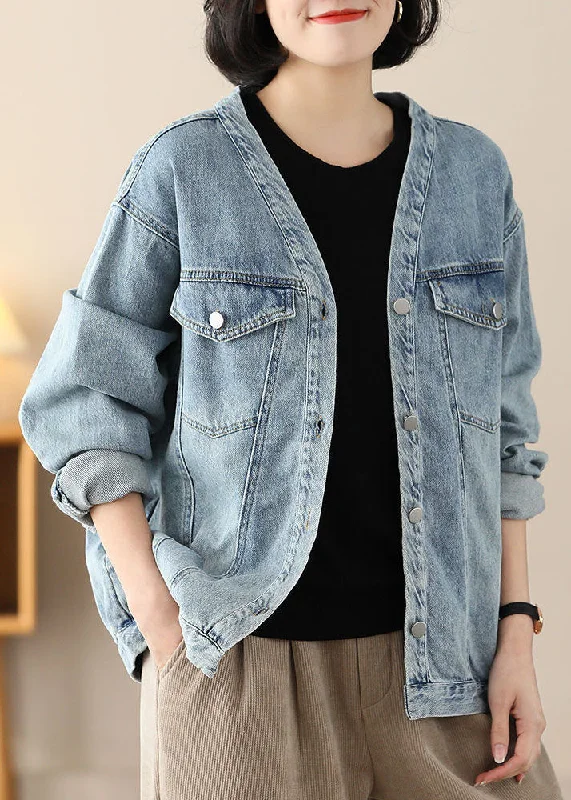 Comfortable And Casual Modern Light Blue V Neck Oversized Cotton Denim Coats Spring