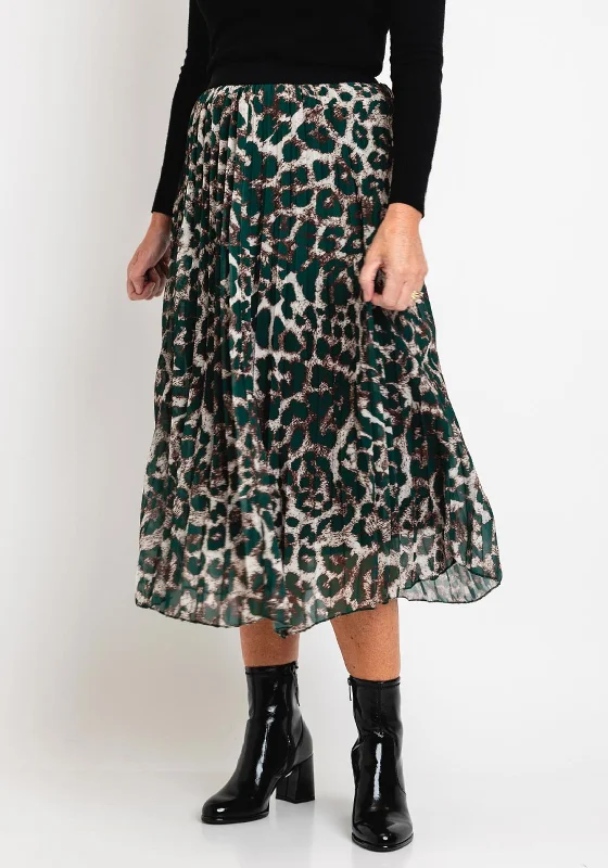 New Season Series Serafina Collection One Size Pleated Leopard Print Midi Skirt, Green