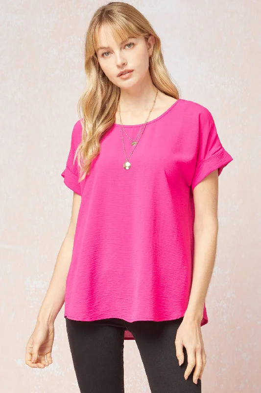 Fashion Innovation Short Sleeve Scoop Neck Top,  Hot Pink