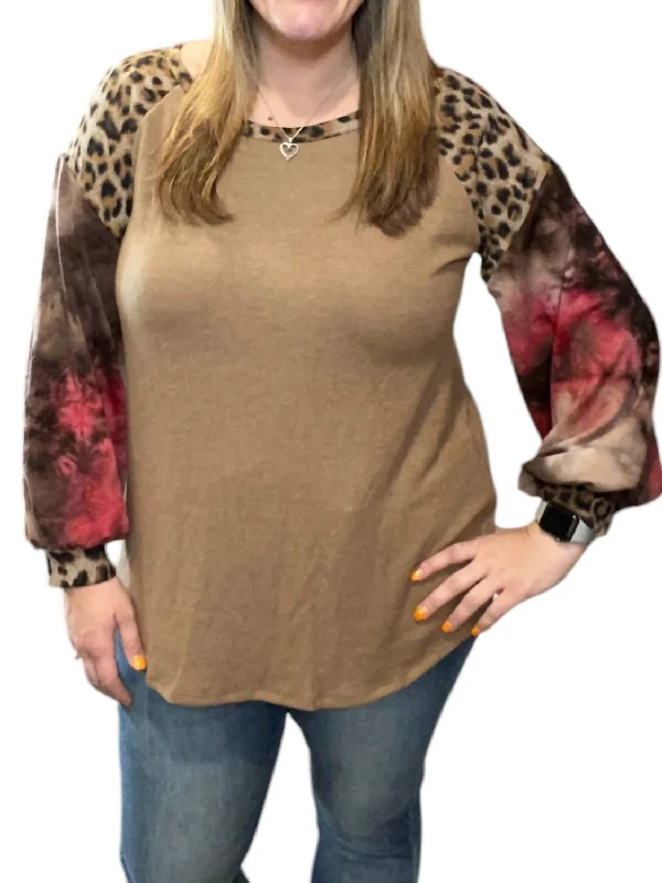 Fashion Style Leopard Tie Dye Puff Sweater In Brown