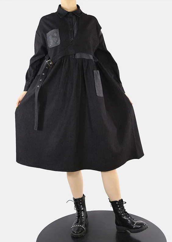 Artistic Temperament Style Black asymmetrical design Cinched Peter Pan Collar denim Dress Spring