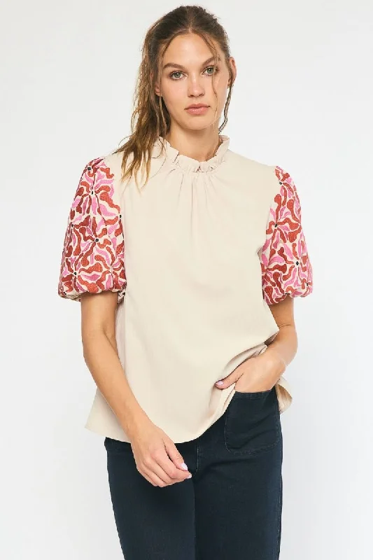 Classic Embroidered Puff Sleeve Top, Natural