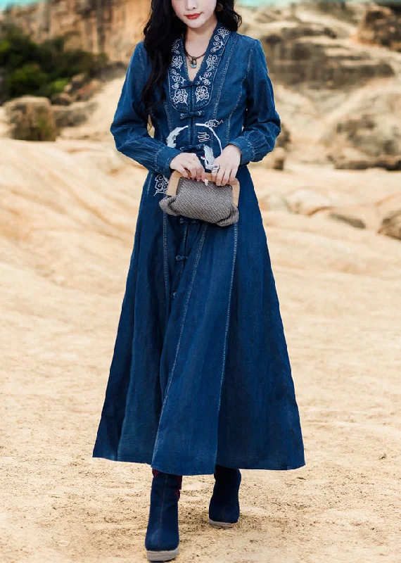 Fashion Style Elegant Blue V Neck Embroideried button Cotton Denim Long Dresses Long Sleeve