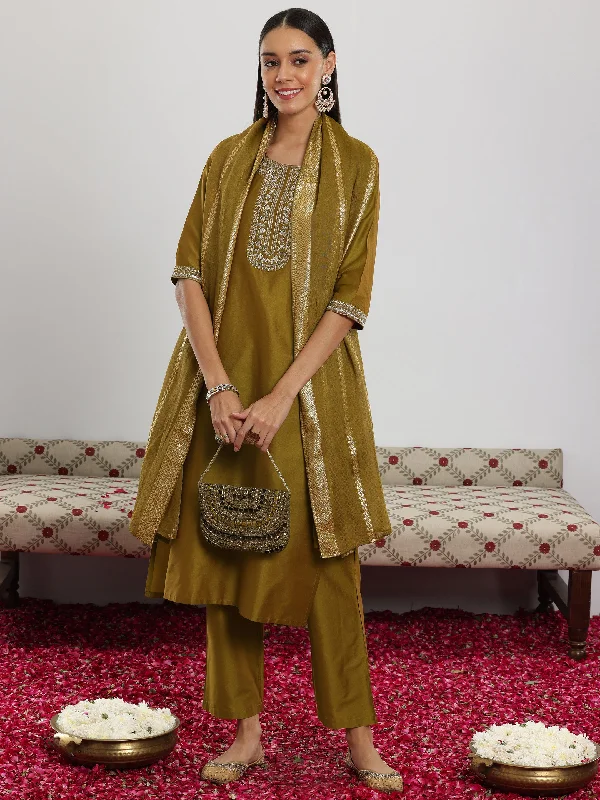 Practical Style Mustard Yoke Design Silk Blend Straight Suit With Dupatta